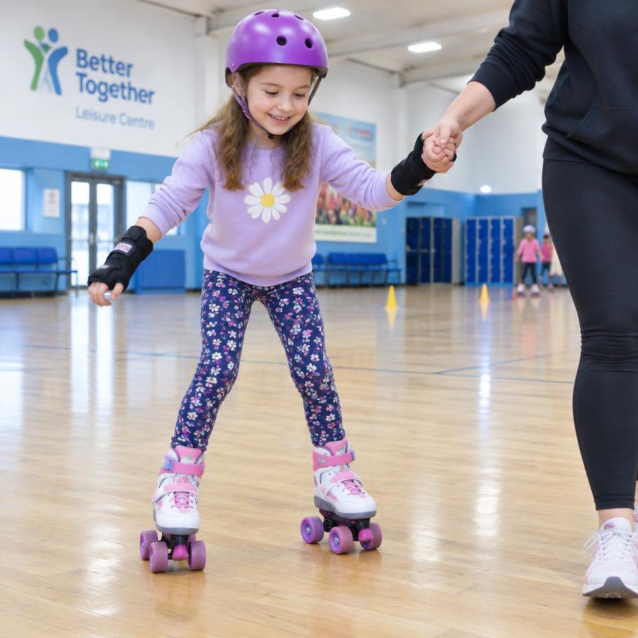 Girl learning to roller skate with wrist guards